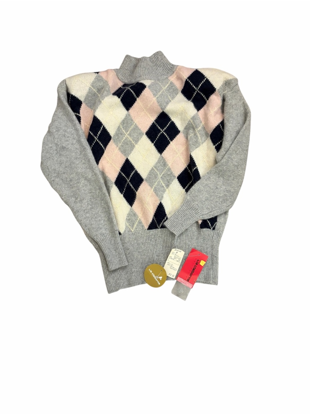 Vintage Women’s Grey Argyle Mock Neck Sweater with Pink & Navy with original tag